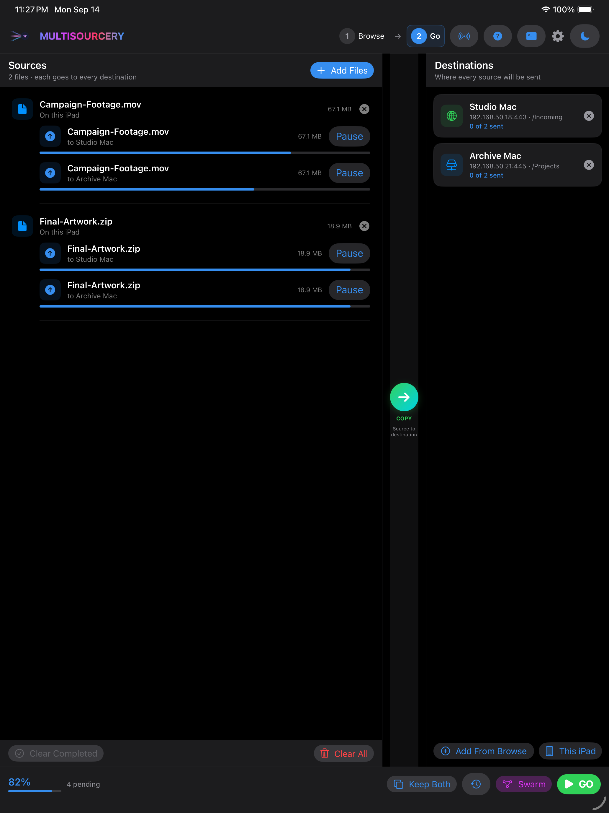 MultiSourcery Go workspace on iPad with two source files, two Mac destinations, transfer progress, and the Swarm control