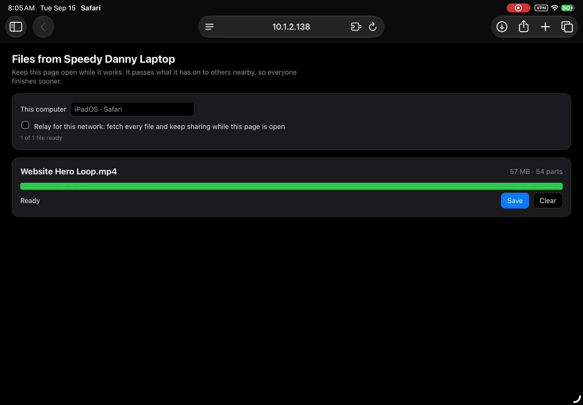 An iPad in Safari after joining a Swarm, with a 57 MB file complete across 54 verified parts