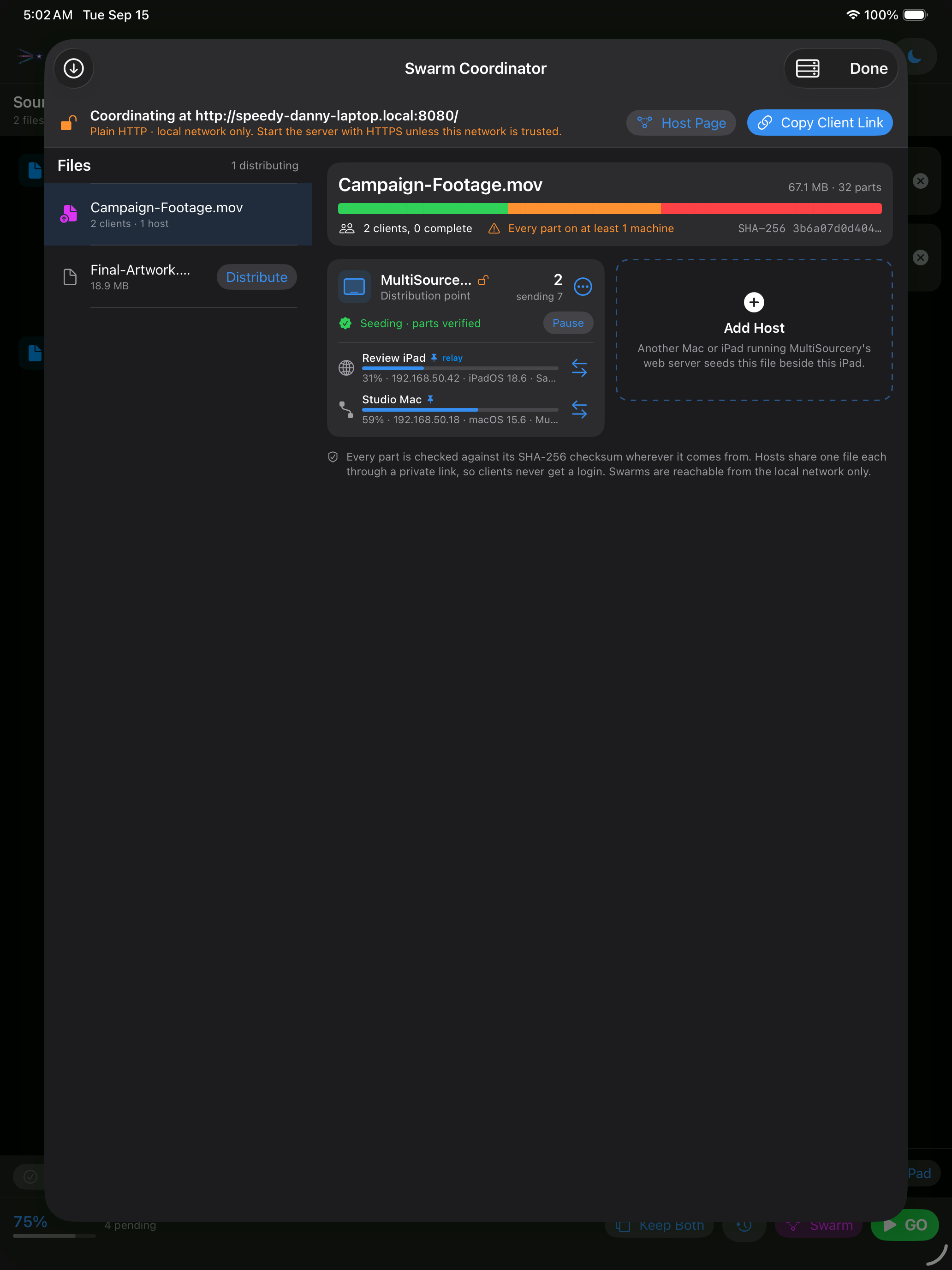 MultiSourcery Swarm coordinator on iPad with Mac and iPad clients, verified parts, Host Page, and Add Host