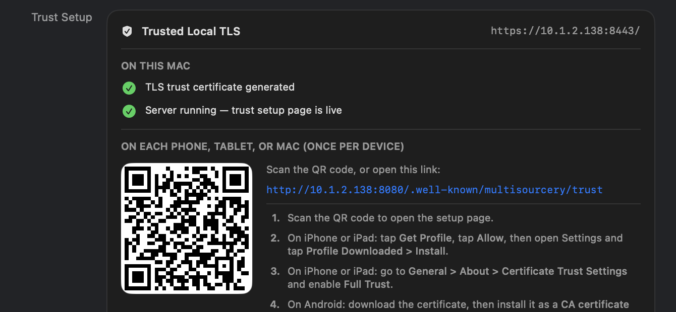 Trusted Local TLS card on the Mac with a QR code, setup link, and step-by-step instructions