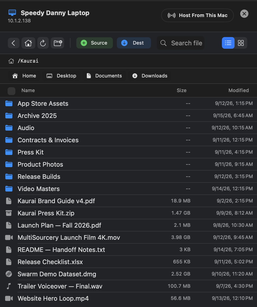 MultiSourcery file browser showing a studio project folder with videos, photos, PDFs, and audio files