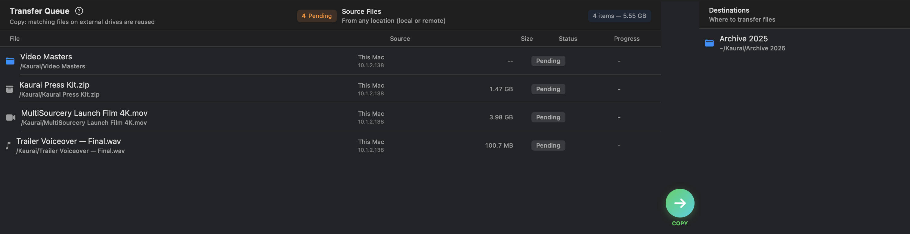 MultiSourcery transfer queue with four pending items from This Mac, totaling 5.55 GB