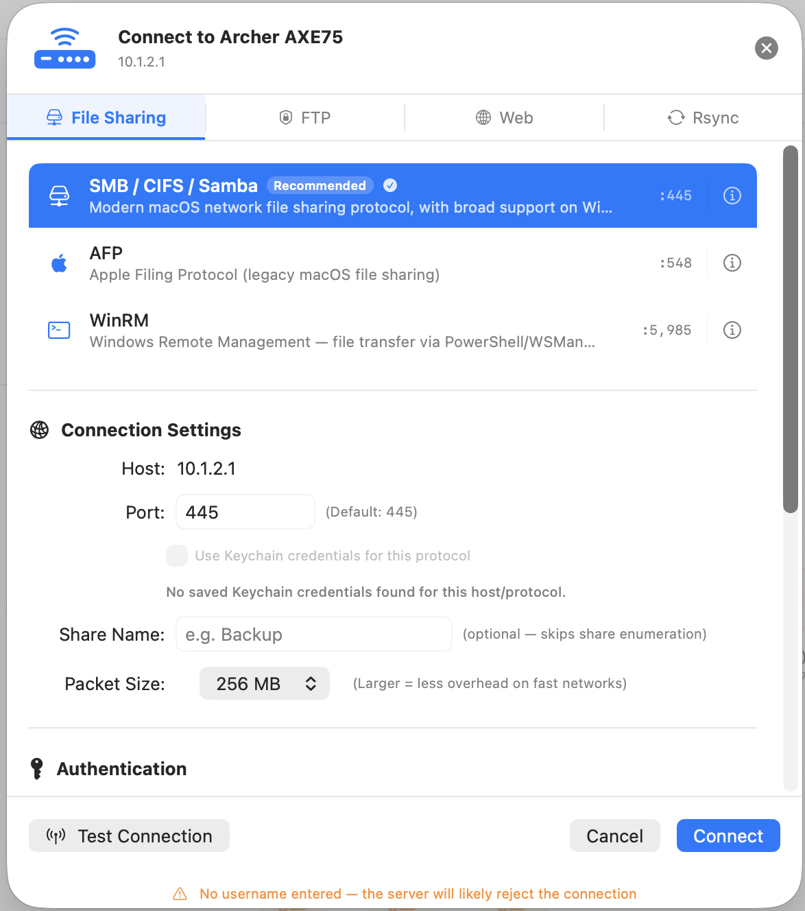 Connection dialog showing File Sharing protocols — SMB is recommended for macOS targets